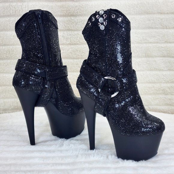 Pleaser Shoes - Black Rhinestone High Heel Platform Sexy Western Cowgirl Ankle Boots 1029